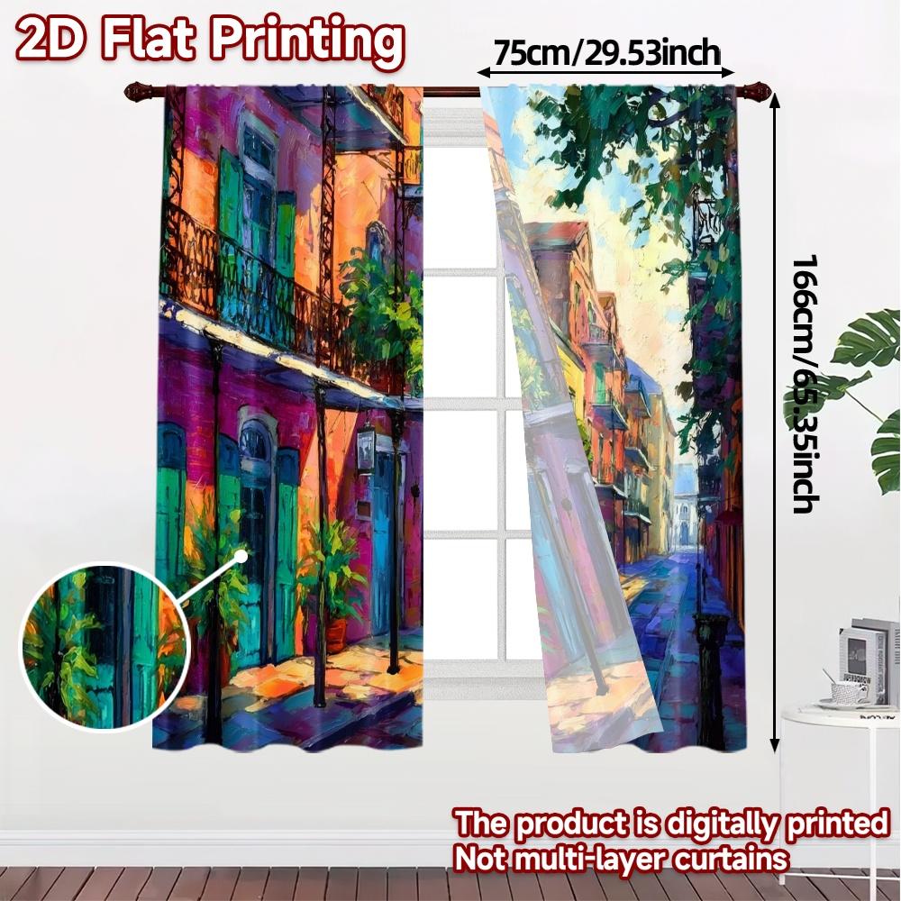 2pcs, 2D FLAT PRINTING Curtains (Without Rod) Colorful Street Popular Light Filtering Curtains Fabric Curtains Home Decor Ldeal
