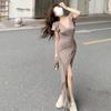 High cold imperial sister style temperament v-neck drawstring slim and thin hip-wrapped sexy split-ended long dress summer