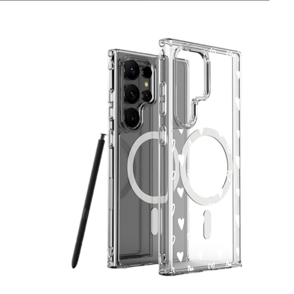 White Heart Magnetic iPhone 15/16/17 Pro Max Transparent Full Coverage Case