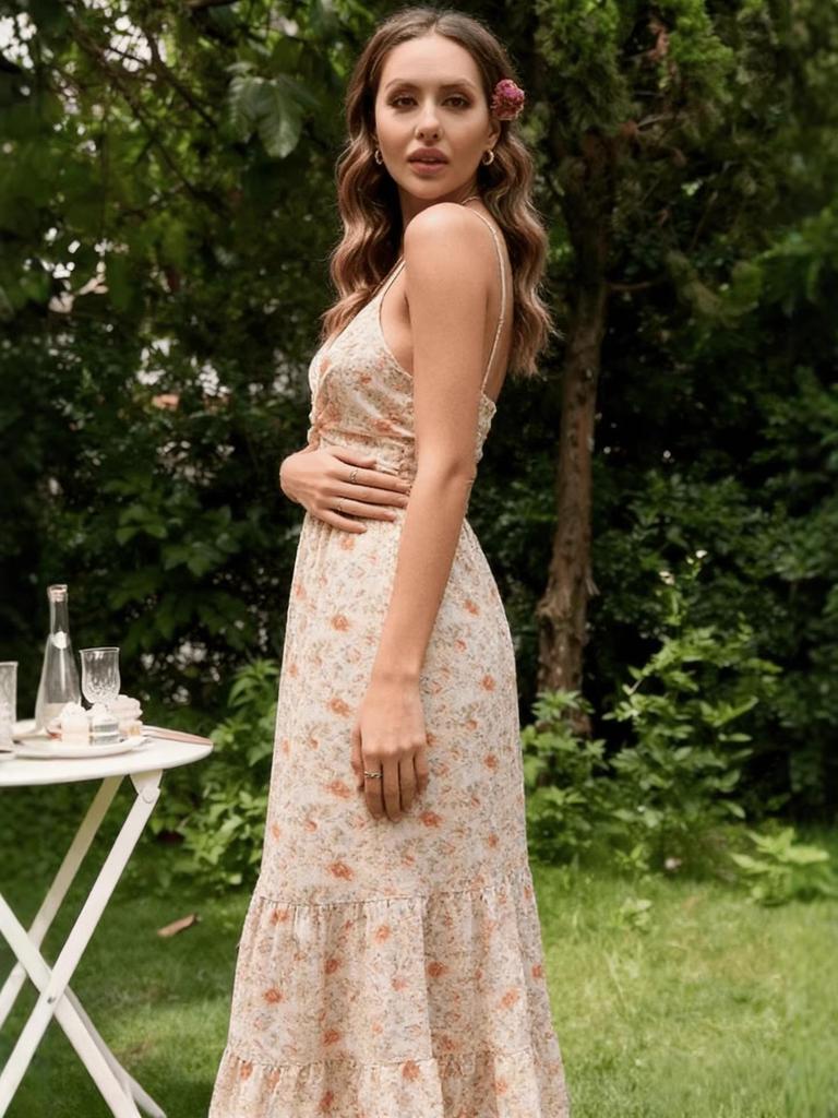 2026 Summer Elegant Floral Deep V Spaghetti Strap Dress - Women's Waist-Cinching Wide Hem for Holiday Style