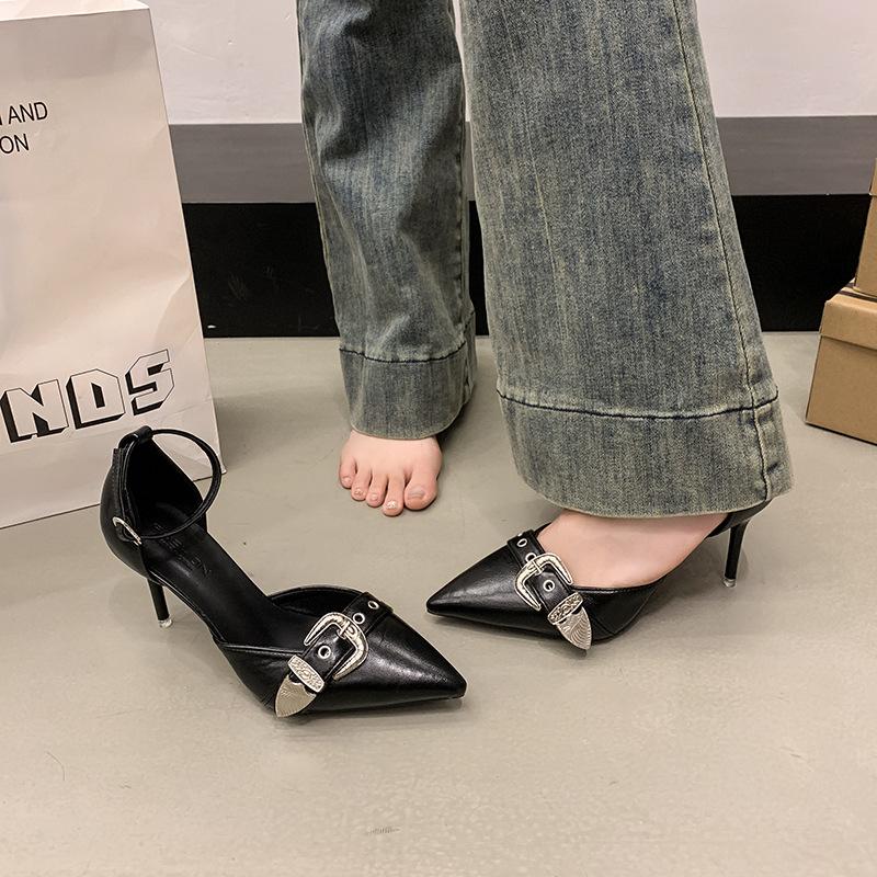 Comemore New Pointed Toe Pumps for Women Shallow Mouth Metal Buckle Thin High Heels Women's Shoes Hollow Single Shoes