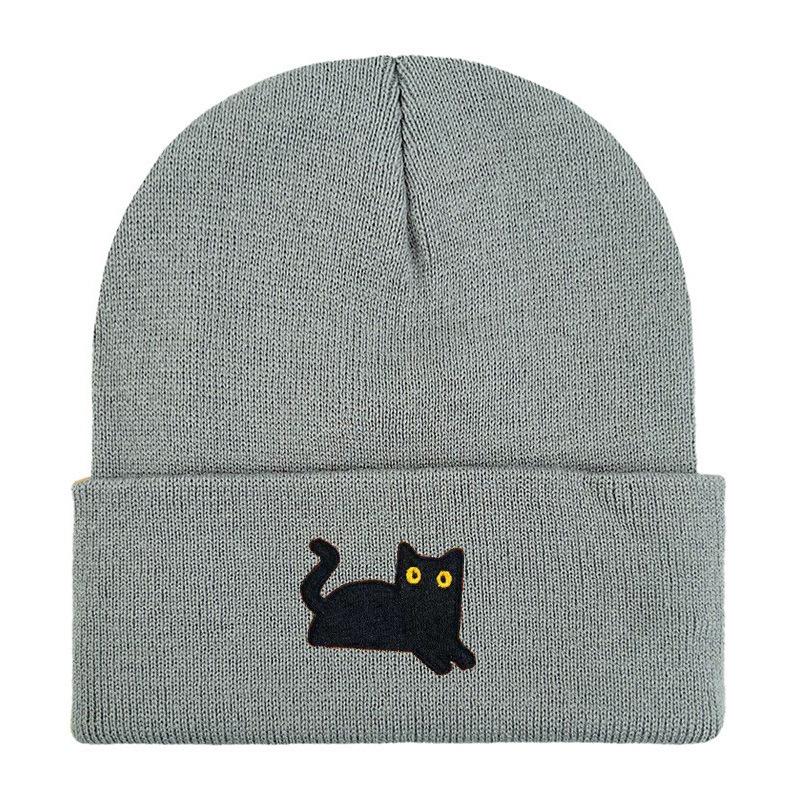 Stretchy And Lightweight Knit Beanies Embroidered Black Cat Knit Hat For Women Men Winter Warm