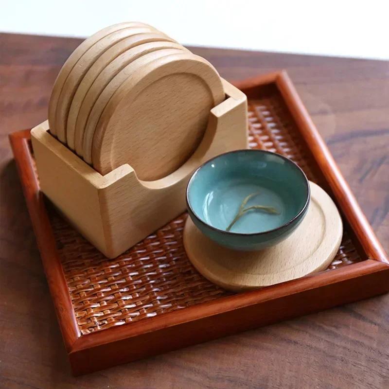 6pcs/set Blank Wood Placemats Coasters Tea Coffee Cup Pad Decor Durable Heat Resistant Square Round Drink Mat Bowl Teapot Holder
