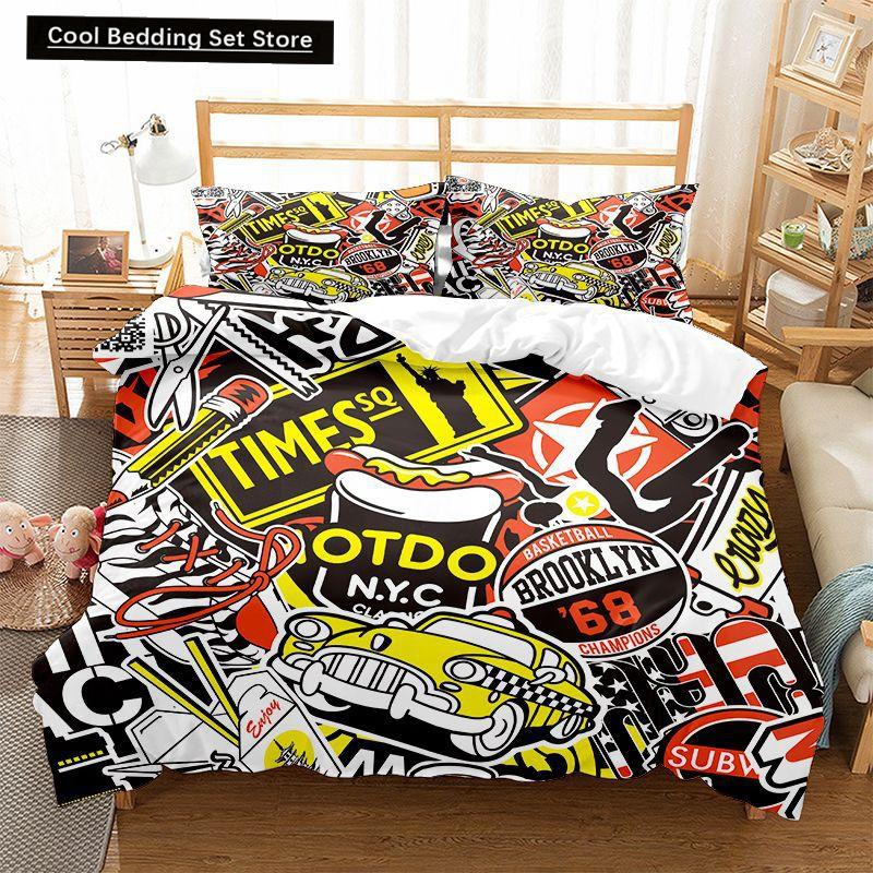 Hippie Graffiti Duvet Cover Set King Queen Size for Kids Boys Youth Polyester Comforter Cover Modern Street Art Bedspread Cover