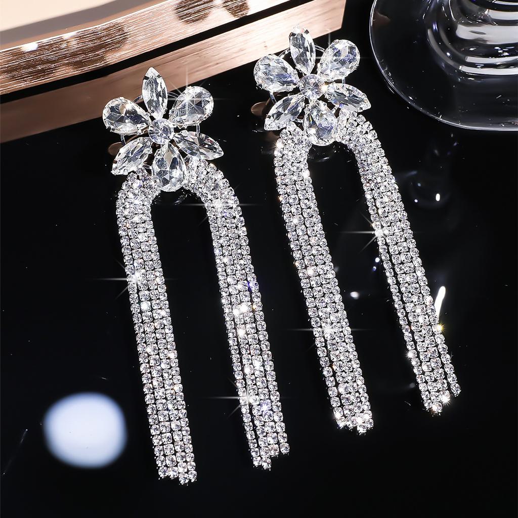 Heavy industry micro-inlaid zircon long fringed earrings women's fashion shiny rhinestone earrings bridal earrings
