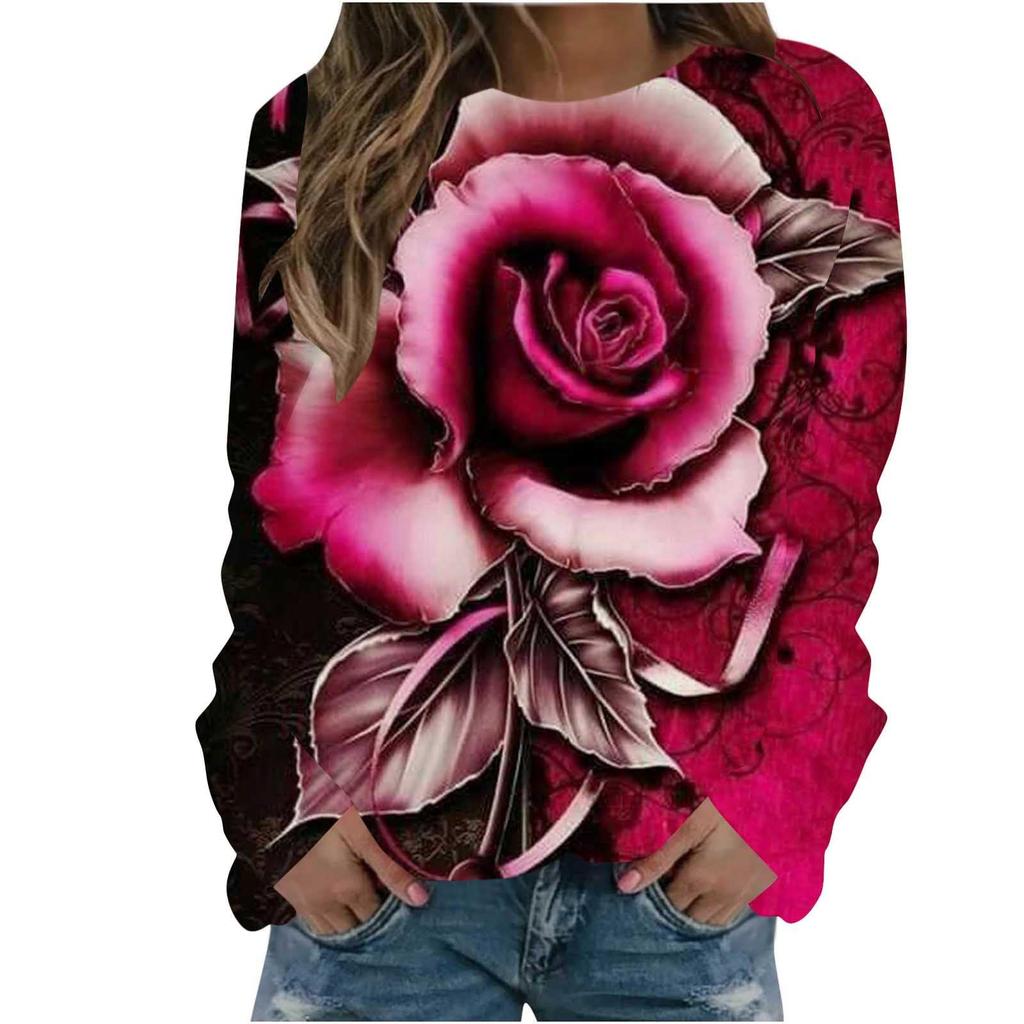Rose Flower Sweatshirts Floral 3D Print Hoodies Women Long Sleeve Y2k Hoodie Streetwear Oversized Pullovers Top Female Clothing