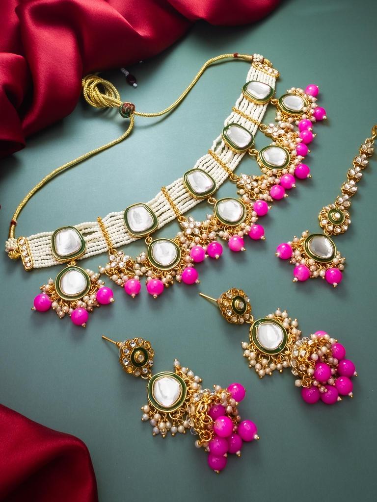 Gold-Plated Pink & White Stone-Studded & Beaded Handcrafted Jewellery Set
