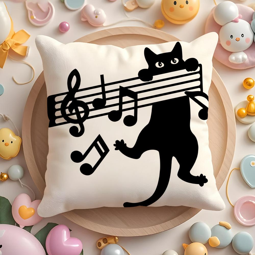 Cat Musical Symbol Cushion Cover Short Plush Double-Sided Printing Home Machine Washable In Warm Winter Pillow Cover