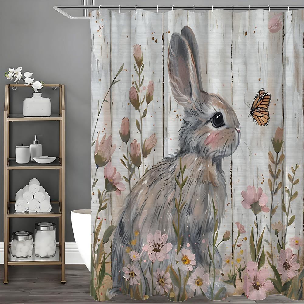 Cute Bunny Shower Curtain, Spring Floral Bathroom Decorative Shower Curtain, Waterproof Shower Curtain with Hooks