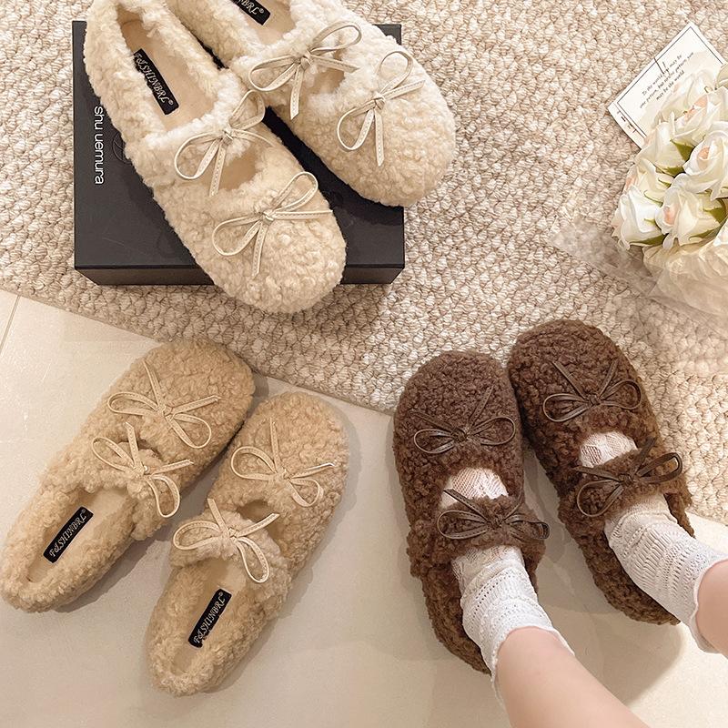 Sweet Fluffy Shoes for Women To Wear Outside Autumn and Winter 2025 New Velvet Beanie Shoes, Shallow Mouth Versatile Flat Bottom Warm Cotton Shoes
