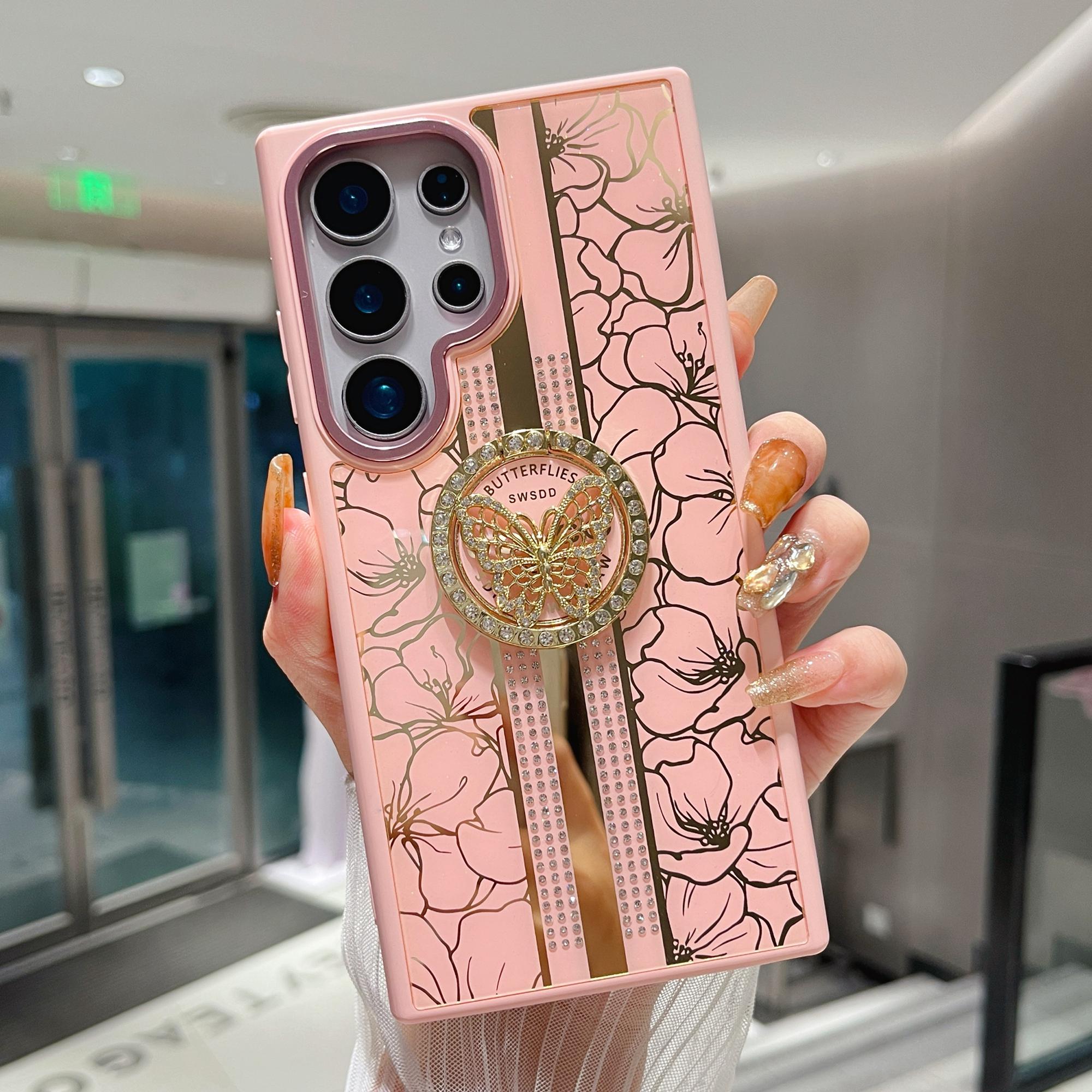 

For Samsung Galaxy S25 Ultra Case Flower Pattern TPU+PC Phone Back Cover with Butterfly Kickstand Pink