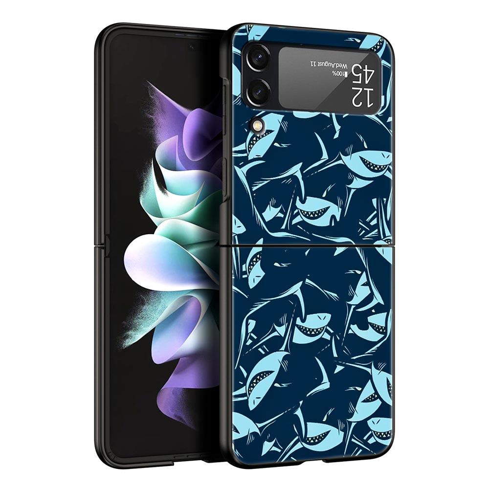 Seaside Sharks Pattern Hard PC Phone Case For Samsung Galaxy Z Flip 7 6 5 4 Black Cover For Galaxy Z Flip 3 Foldable Shell Capas