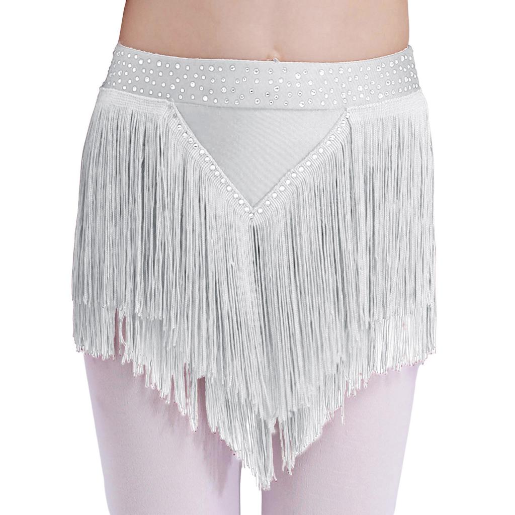 Girls Latin Dance Costume Mock Neck Sleeveless Fringe Vest Sparkly Rhinestones Tassel Skirt Performance Outfit
