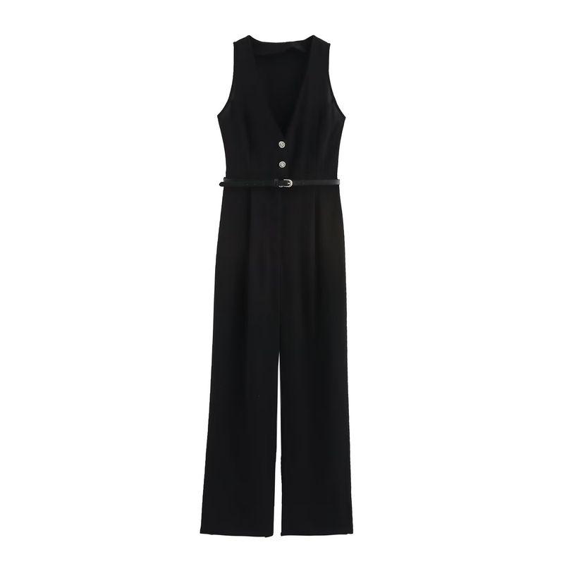 

Kaslead New Arrival Women s Clothing Fashion Style Fashion Minimalist with Leather Belt Sleeveless Jumpsuit Black L
