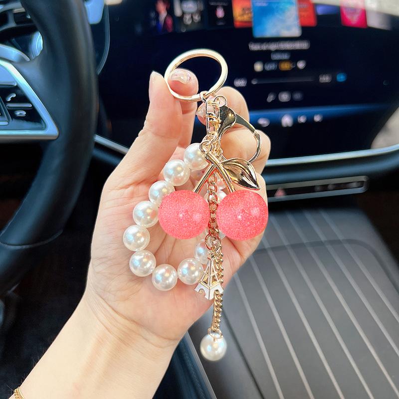 Yogodlns Acrylic Cherry Bag Charm With Imitation Pearl Bead Chain Mini Eiffel Tower Metal Pendant Gold Leaf Keychain Handbag Accessory