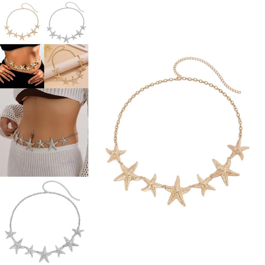 Fashion Female Waist Chain With Starfish Design In Gold And Silver For Beach Party Wear