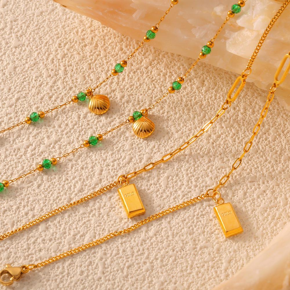 Retro French Green Beaded Gold-Plated Titanium Anklet with Shell Pendant