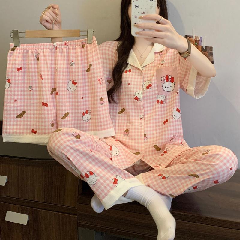 Cloud Cotton Pajamas Women'S Summer Sweet Girl Soft Short-Sleeved Three-Piece High-Value Cartoon Loungewear