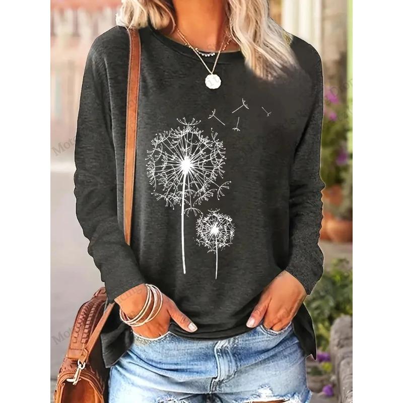 Floral Dandelion 3D Print Round Neck Long Sleeve T-shirts Fashion Casual Vintage Tops