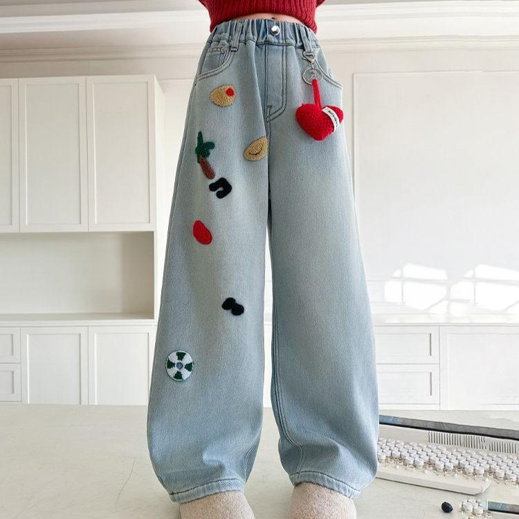Mädchen Weitbeinjeans Gerade Beinjeans Frühling und Herbst Kinderjeans Locker Handtuchbestickte Hose Jeans