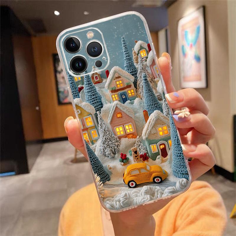 Phone Case For Iphone 17 16 Pro Max 15 14 13 Pro Max 17 Air 15 16 Pro 15Plus Cozy Crochet Winter Village Art