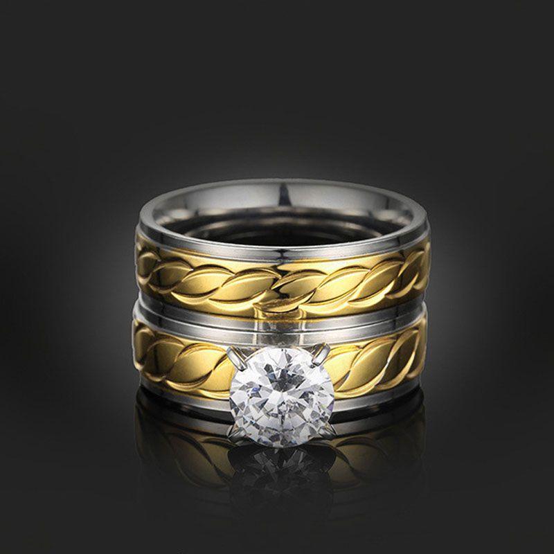 Stylish Gold Titanium Steel Ring For Couples Featuring Hidden Zircon Stone Design