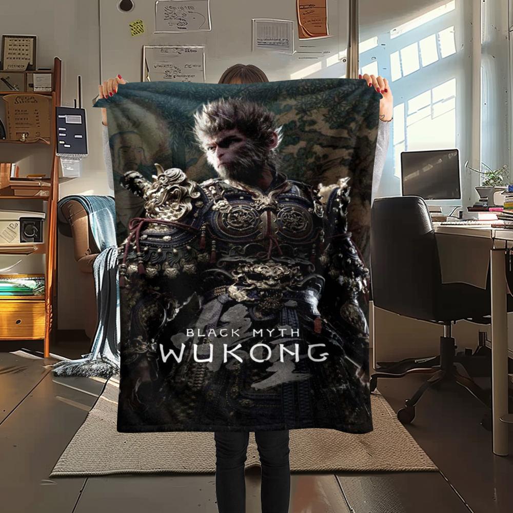 1Pc Black Myth Wukong Print Flannel Blanket, High quality Comfortable for All Seasons, Home Decor, Warmth and Comfort, Perfect for Gifts