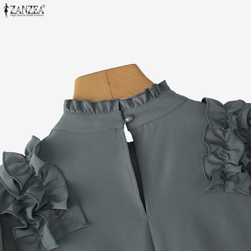 ZANZEA Blouse Décontractée Femme Col Montant Manches Longues Volants Épissure Ample