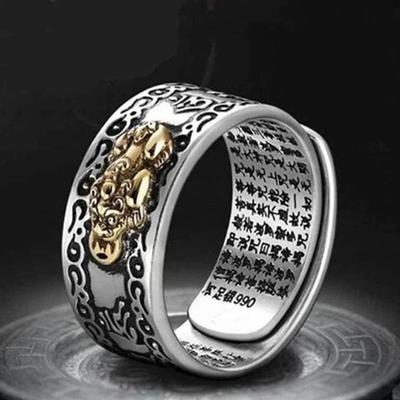 Feng Shui Pixiu Mani Mantra Protection Wealth Ring Amulet Wealth Lucky Open Adjustable Ring Buddhist Jewelry Ring