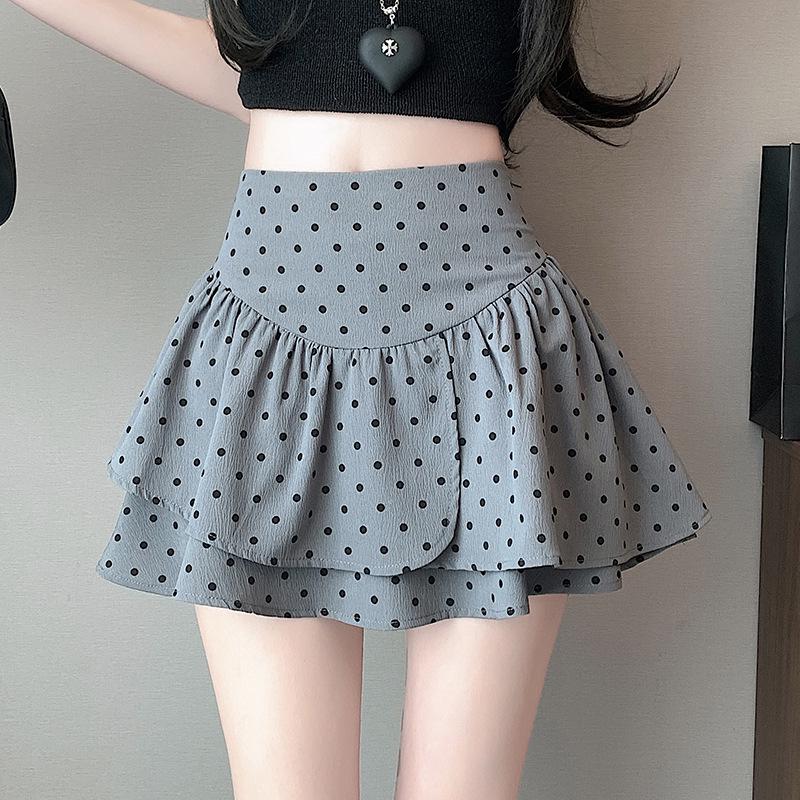 Plus Size Grey Polka Dot A-line Short Skirt for Autumn - High Waist Fluffy Cake Design for Women
