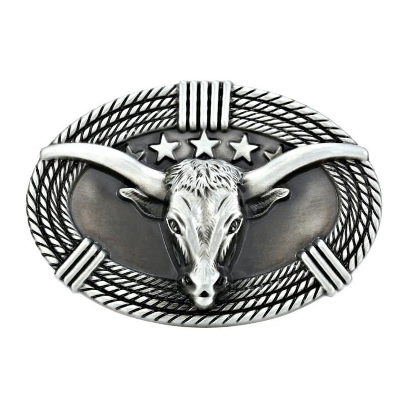 Bull Head and Star Belt Buckle, Western Oval Metal Waist Accessory for Adult Jeans, Casual Looks, and Stage Outfits