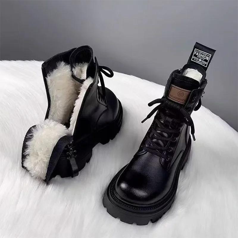 Winter Women's Boots Plush Warm Cotton Shoes Outdoor Waterproof Leather Snow Boots Lace Up Platform Booties Botas Invierno Mujer