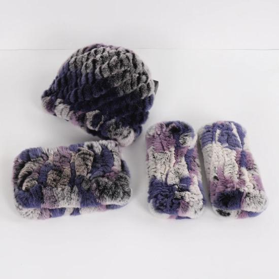 

New Women Winter Knitted Real Rex Rabbit Fur Hat Scarf Gloves Sets Natural Warm Rex Rabbit Fur Cap Scarves Mittens 3 Pieces Good elasticity