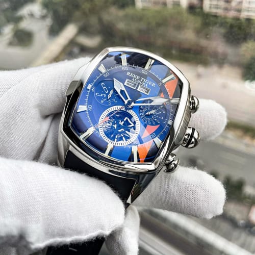 REEF TIGER Men's Tank Track Sport Watch, Automatic, Blue Dial, Tourbillon, Rubber Strap, RGA3069-Track (RGA3069TRACK-YLB)