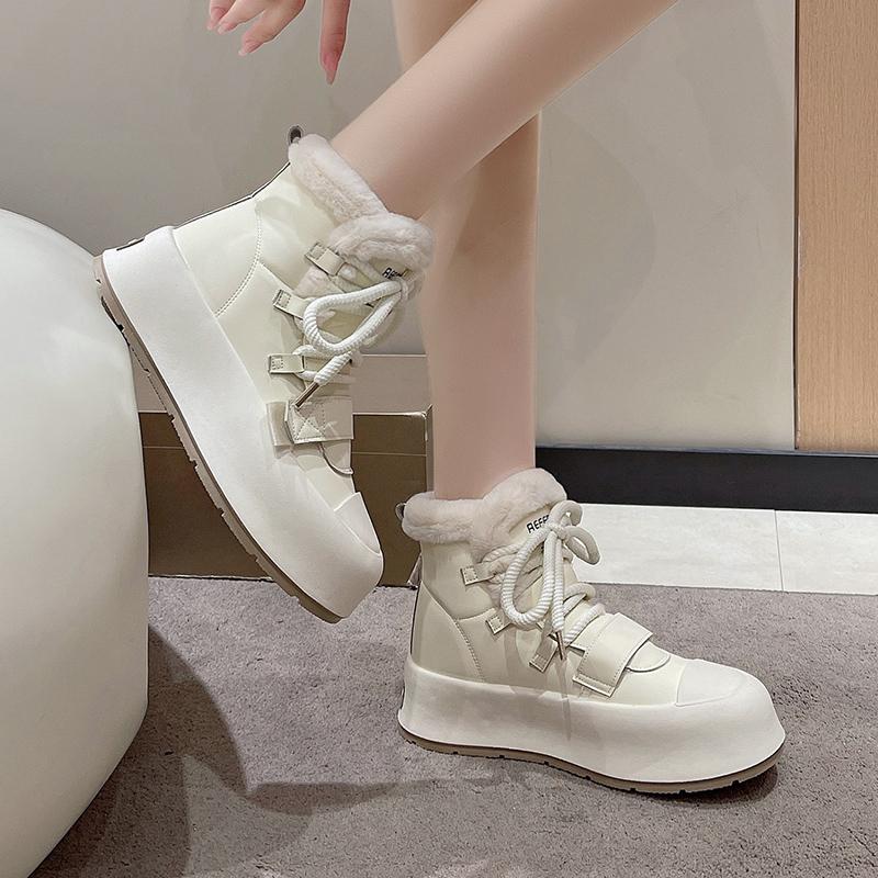 fashion White Fur Lace-up Thick-soled Height-increasing Sneakers for Women Winter New Style Plus Velvet Warm Snow Boots