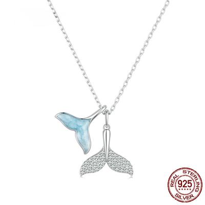 Collana con Pendente Coda di Balena in Argento Sterling S925 Smalto Azzurro Cielo Catena da Collo Coda di Pesce Doppia per Donna Gioielleria Fine