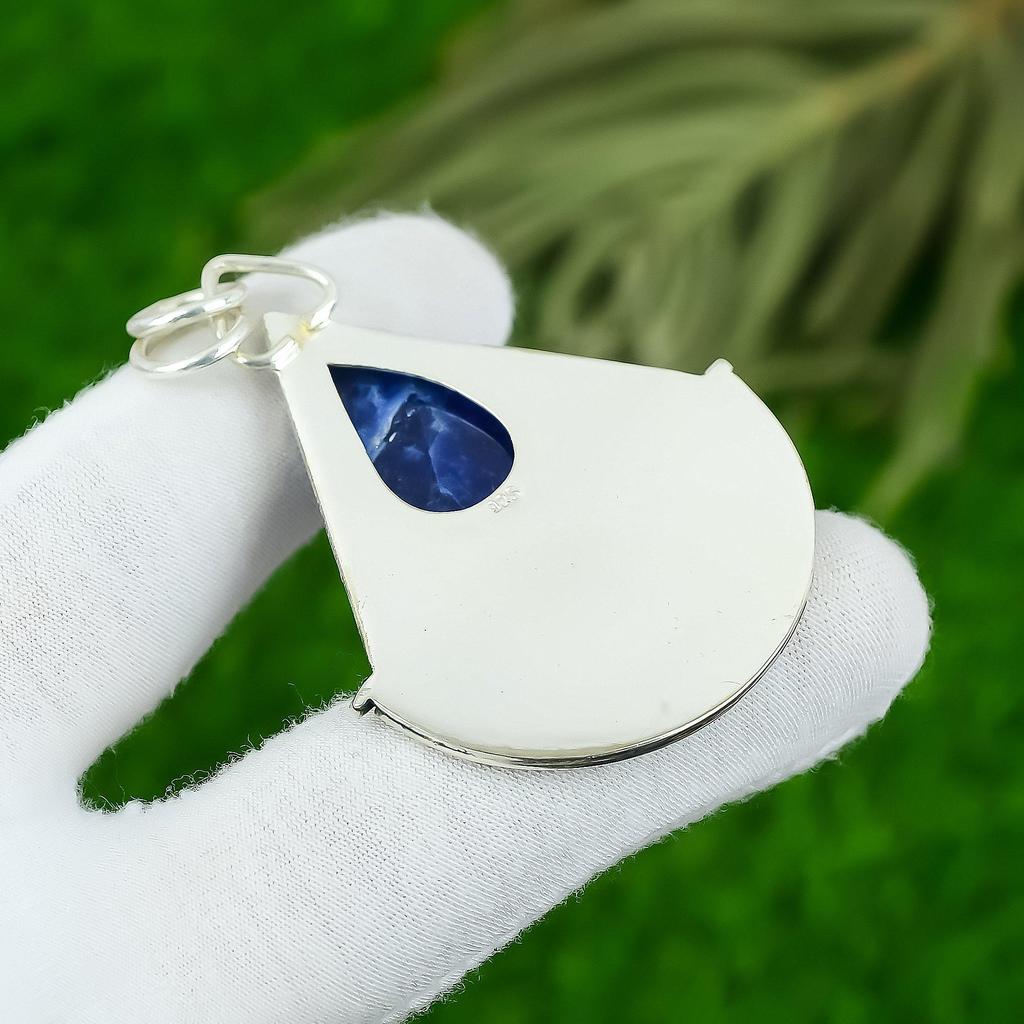 Pear Sodalite Stone Sterling Silver Bezel Art Deco Birthday Sister Boho Pendant