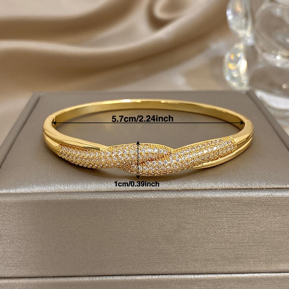Greatera Charm Full Cubic Zircon Filled Women's Twisted Copper Bracelet Personality Plated Gold 57mm Diameter Cuff Bangle New