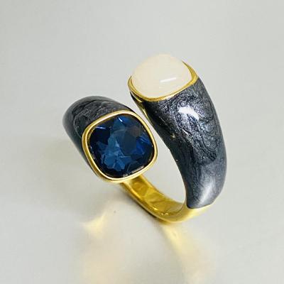 Vintage Blue Zircon Cat's Eye Stone Enamel Open Ring