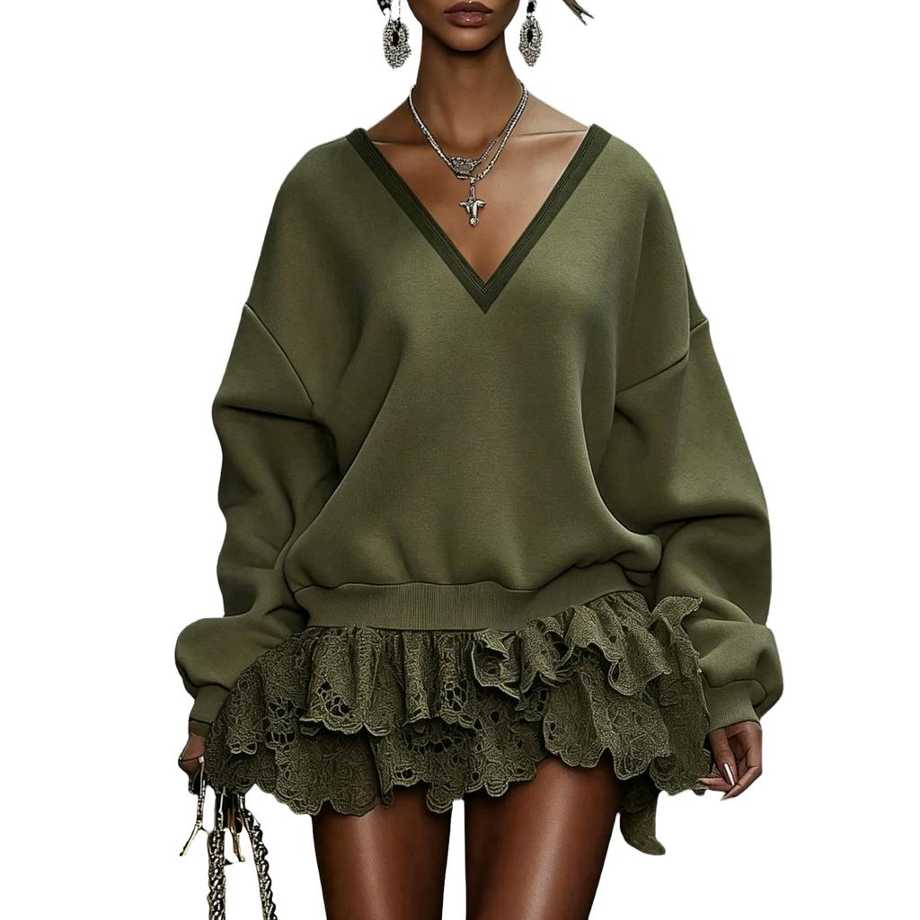 Women's Fashion Long Sleeve Lace Trim Patchwork Dress for Parties and Evening Events