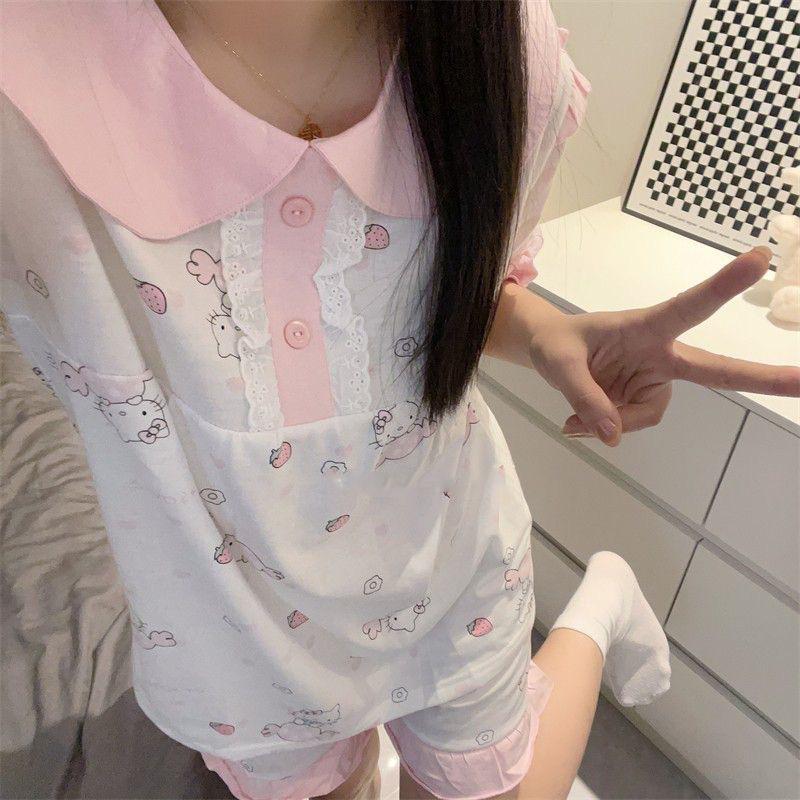 

Cute Contrast Color Sweet Hello Kitty Doll Collar Pajamas Women s Summer Short Sleeve Shorts Two-piece Princess Style Loungewear S