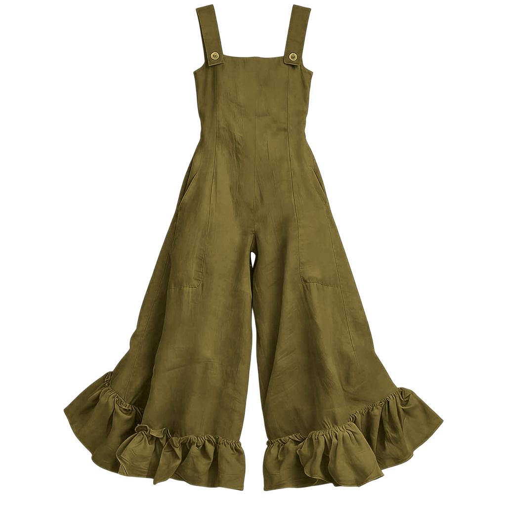 Damen Casual Einfarbiger Jumpsuit Quadratischer Ausschnitt Ärmellos Weiter Bein Rüschensaum Leicht Lockerer Romper