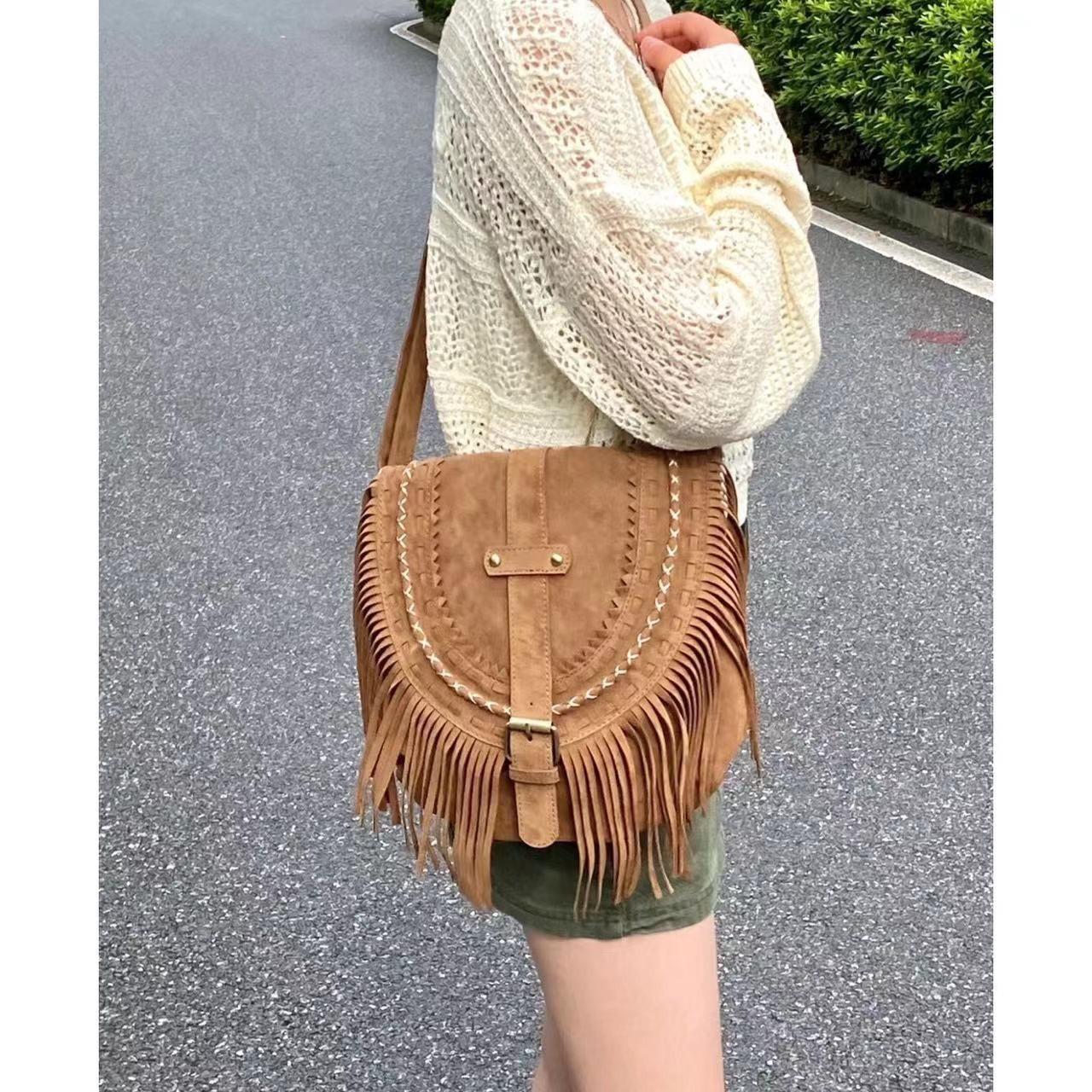 

Brown Fringed Bag Retro Western Denim Bag Niche Ethnic Bohemian Messenger Bag Bag Women темно-коричневого
