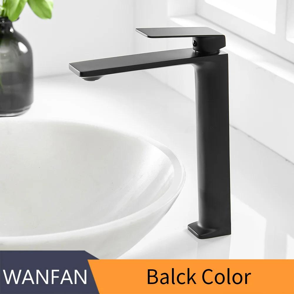 Modern Tall Size Brass Gold Single Hole Single Handle Deck Mount Hot & Cold Waterfall Basin Wash Faucet for Bathroom (Black,Brass) чёрный