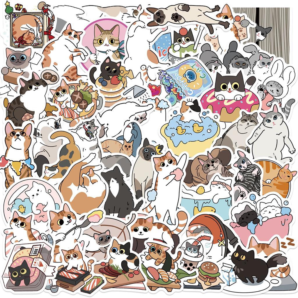 50 Cartoon Watercolor Cat Doodle Stickers Decorate Guitar Notebook Suitcase DIY