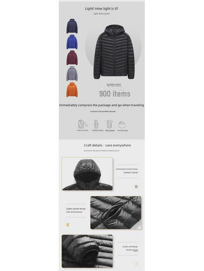 Men's Lightweight Hooded Down Jacket - Short Stand-Up Collar, Casual and Warm for Winter