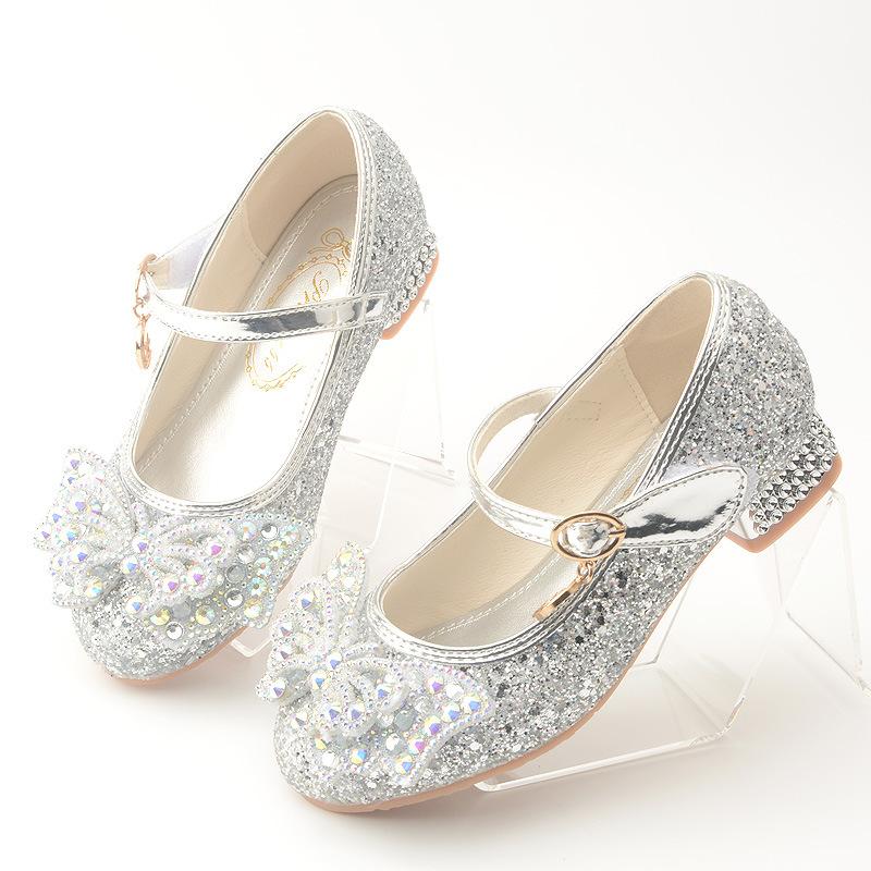 Spring and Autumn New Girls' High Heel Leather Shoes with Sequin Upper and Bowknot, Frozen-themed Shoes, Children's Princess Leather Shoes
