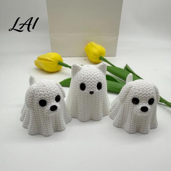 Hand-knitted Texture Ghost 3D Printed Dog/Cat Figurine Ornaments Knitted Halloween Animal Soft Cute Ornament Decorations Small Puppy/Kitten