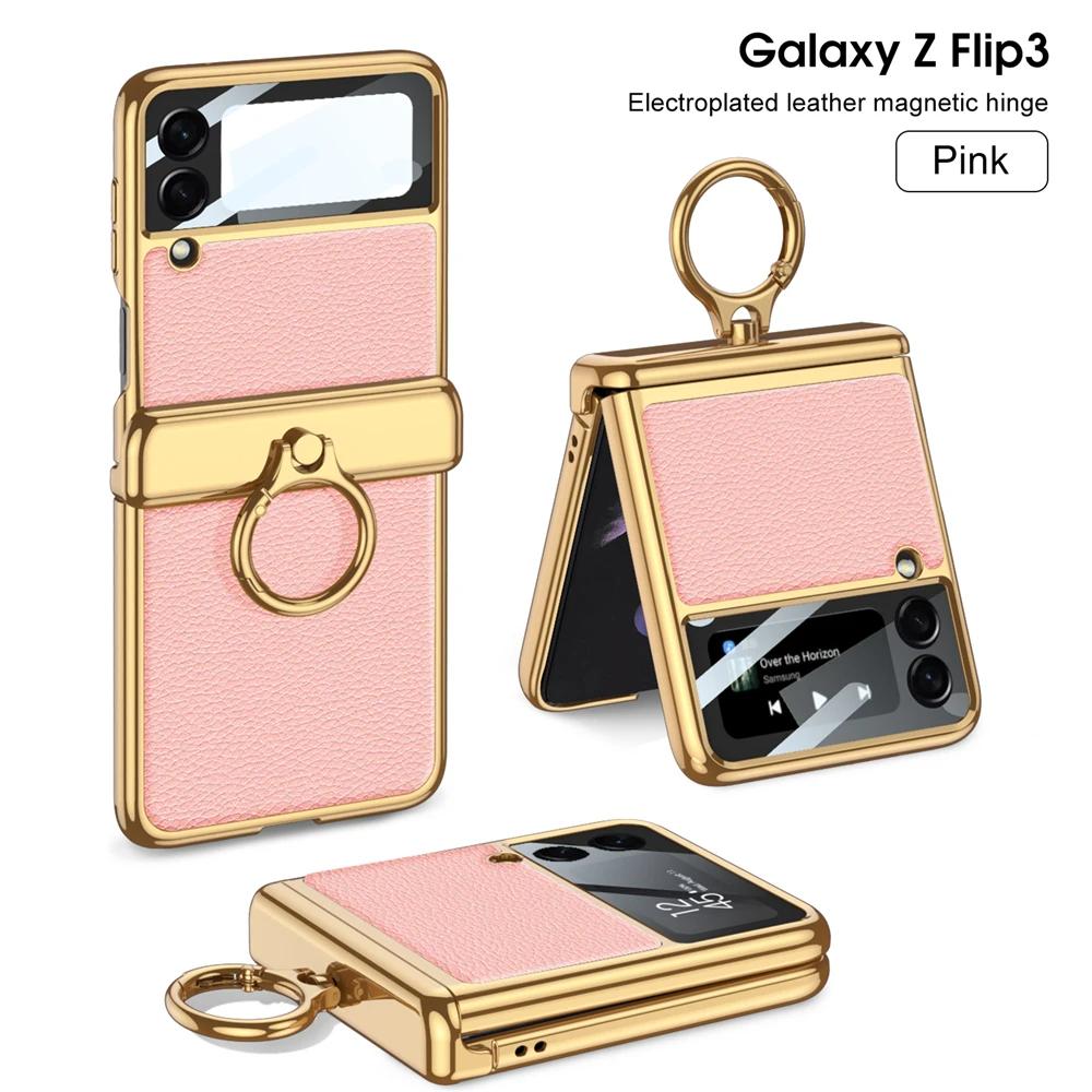 Pro Samsung Galaxy Z Flip 3 4 5 6 Pouzdro Ultratenká Ochrana Obrazovky Coque Fundas Luxusní Kůže s Kroužkem Pokovení Magnetický Kryt
