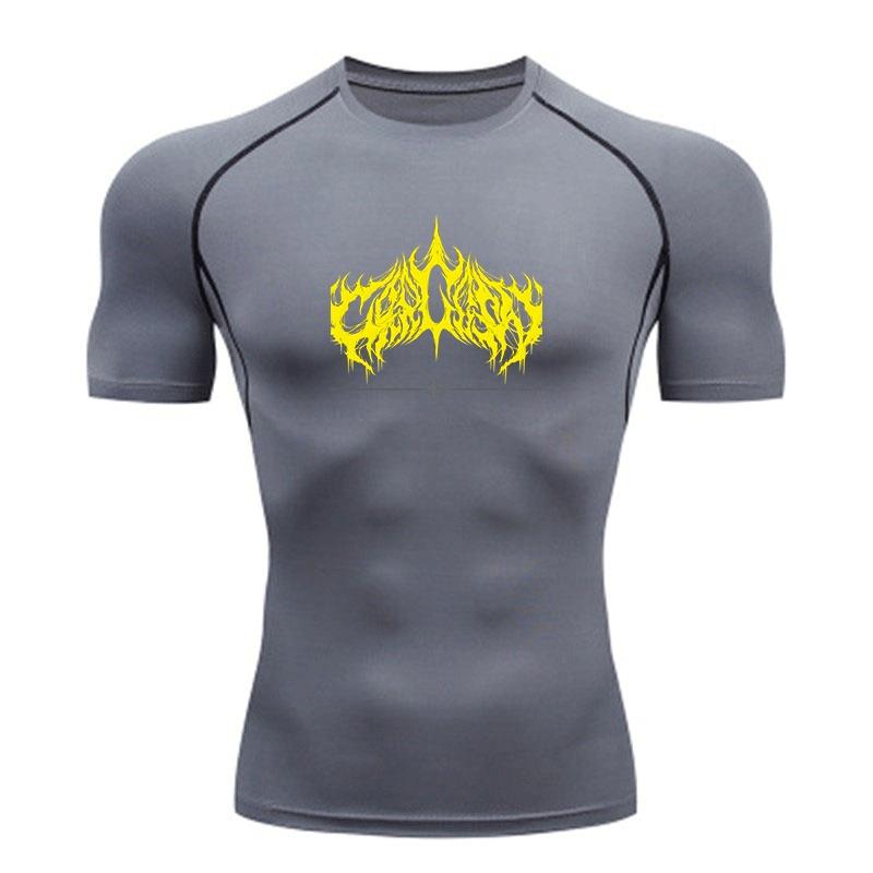 Men's Compression Workout T-Shirt, Bright Yellow Flame Style Graphic Sports Quick Dry Tee for Gym Running Training Fitness Active Wear